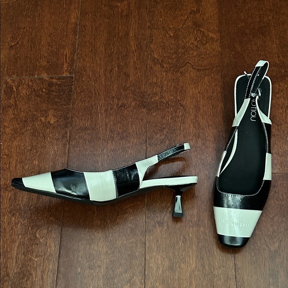 Fabulous Black and Ivory Leather Slingback Heels with Square Toes, Size 6.5 - Picture 3 of 16